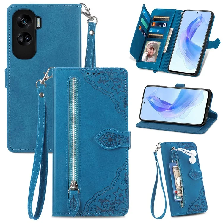 For Honor X50i 5G / 90 Lite 5G Custodia Portafoglio con Stampa a Fiori in Pelle PU - Blu