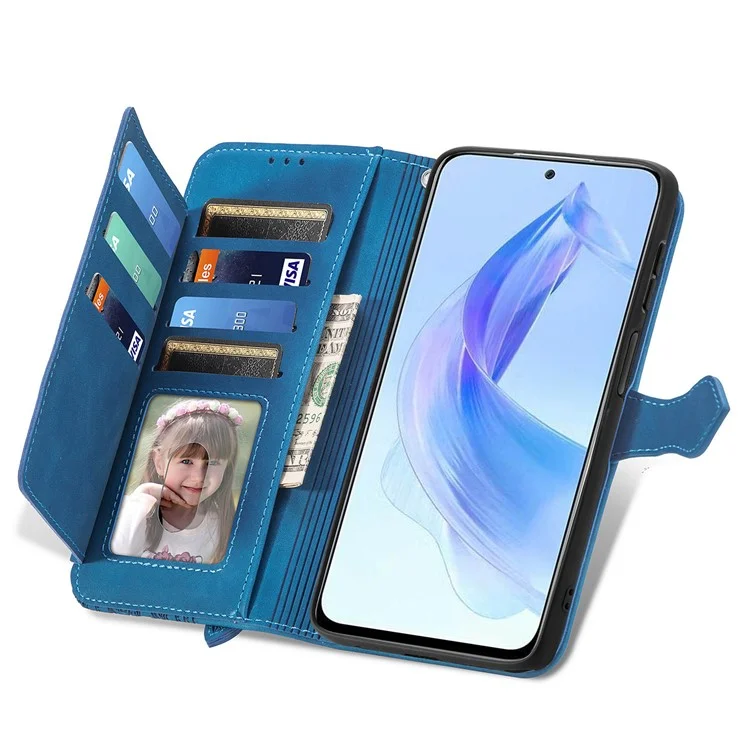 For Honor X50i 5G / 90 Lite 5G Custodia Portafoglio con Stampa a Fiori in Pelle PU - Blu