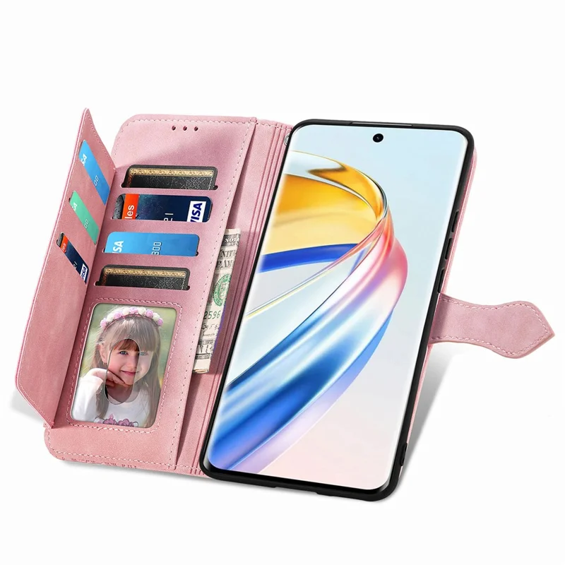 For Honor X9b 5G / Magic6 Lite 5G Zipper Wallet Case with Strap Flower Imprint PU Leather Phone Cover - Pink