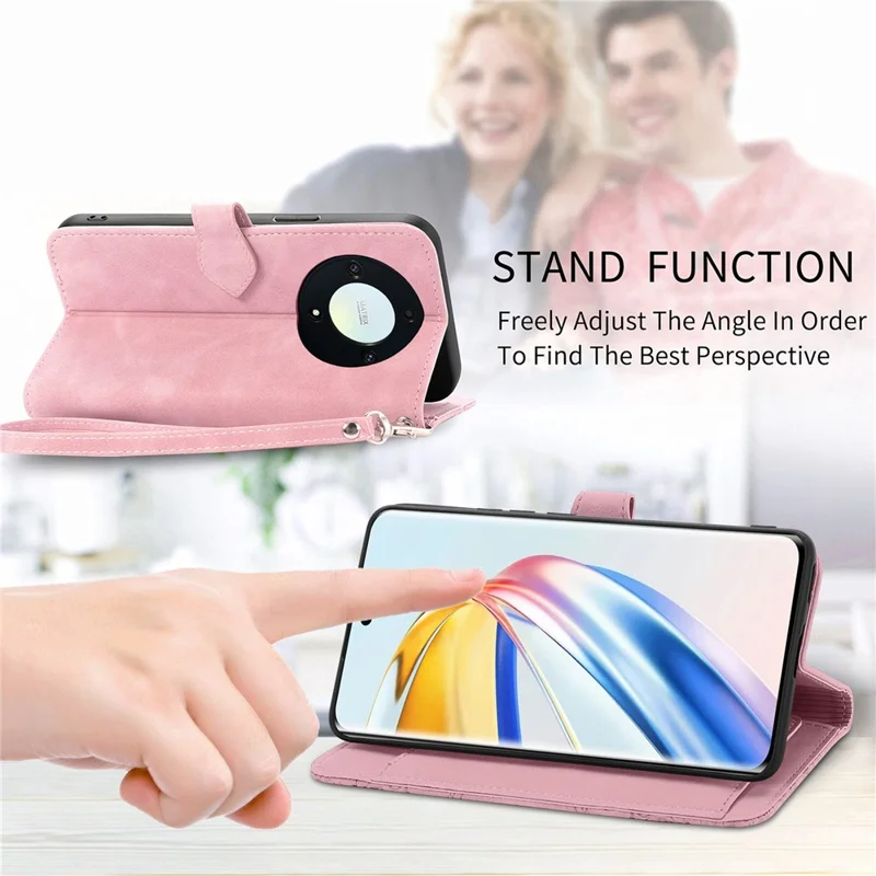 For Honor X9b 5G / Magic6 Lite 5G Zipper Wallet Case with Strap Flower Imprint PU Leather Phone Cover - Pink