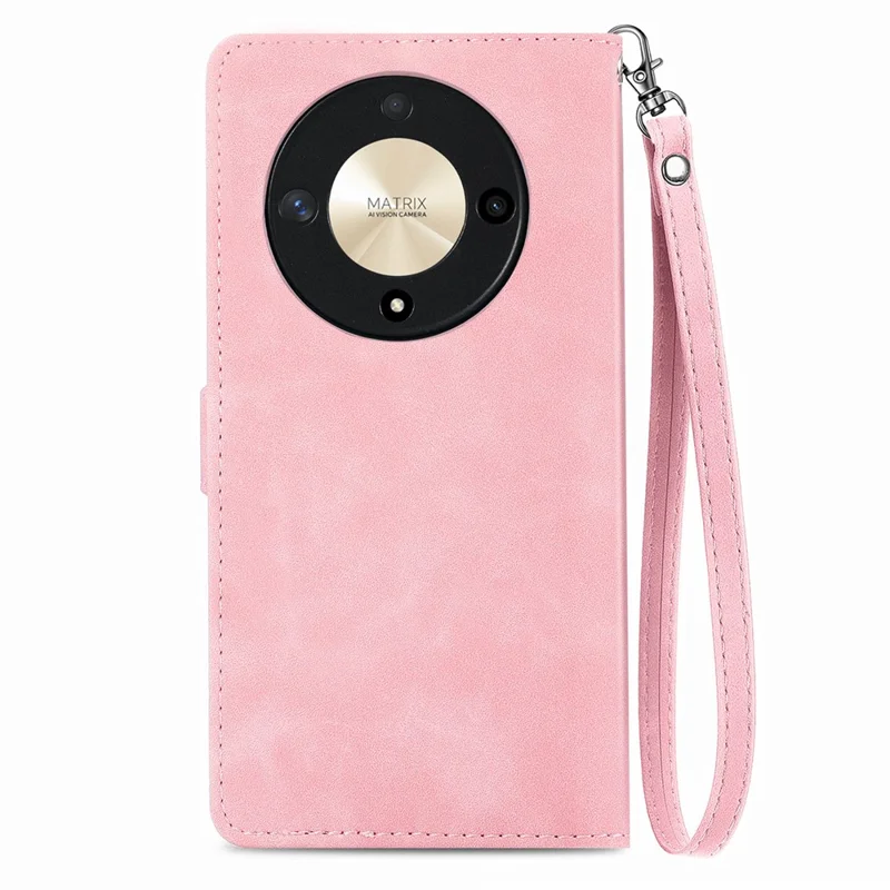 For Honor X9b 5G / Magic6 Lite 5G Zipper Wallet Case with Strap Flower Imprint PU Leather Phone Cover - Pink