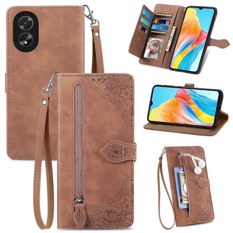For Oppo A38 4G / A18 4G Zipper Wallet Case with Strap Flower Imprint PU Leather Phone Cover - Brown
