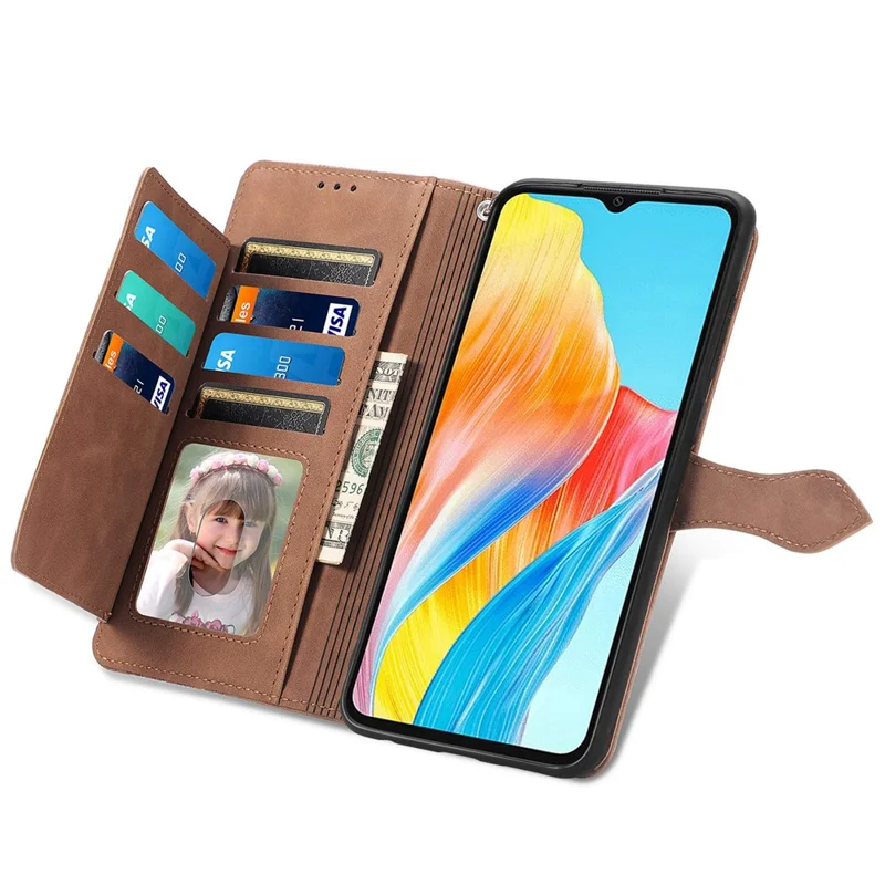 For Oppo A38 4G / A18 4G Zipper Wallet Case with Strap Flower Imprint PU Leather Phone Cover - Brown