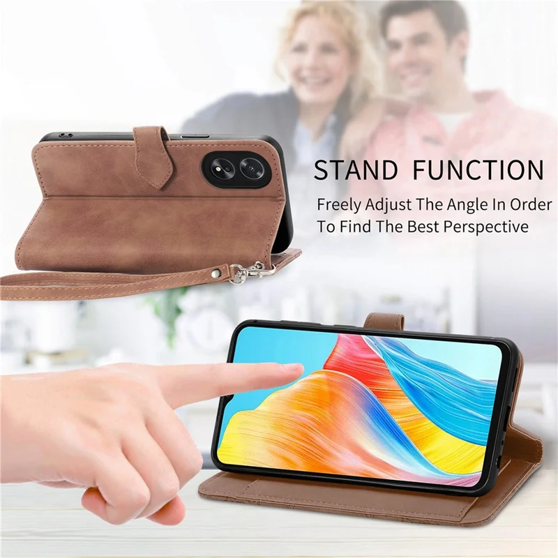 For Oppo A38 4G / A18 4G Zipper Wallet Case with Strap Flower Imprint PU Leather Phone Cover - Brown
