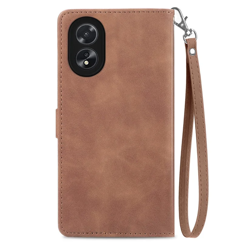 For Oppo A38 4G / A18 4G Zipper Wallet Case with Strap Flower Imprint PU Leather Phone Cover - Brown