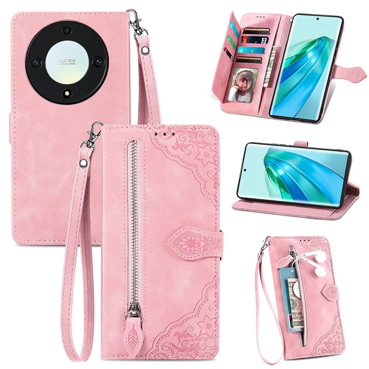For Honor X40 5G / Magic5 Lite 5G / X9a 5G Zipper Wallet Case with Strap Flower Imprint PU Leather Phone Cover - Pink