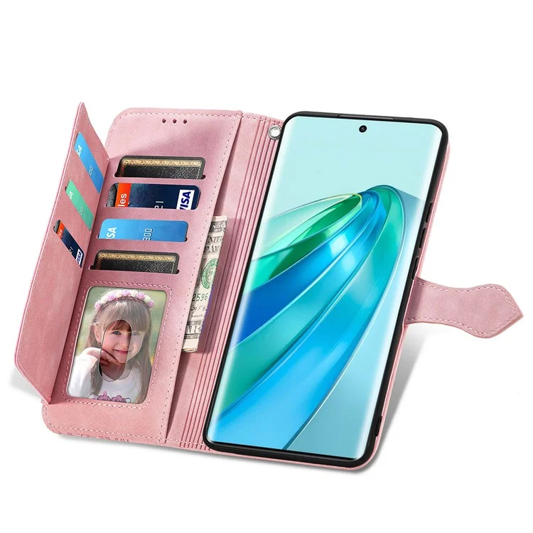 For Honor X40 5G / Magic5 Lite 5G / X9a 5G Zipper Wallet Case with Strap Flower Imprint PU Leather Phone Cover - Pink