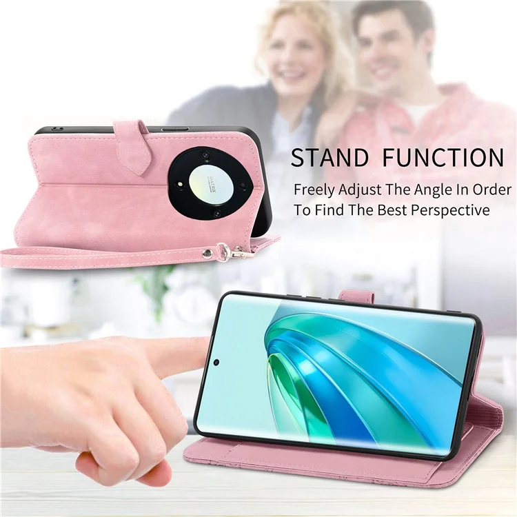 For Honor X40 5G / Magic5 Lite 5G / X9a 5G Zipper Wallet Case with Strap Flower Imprint PU Leather Phone Cover - Pink
