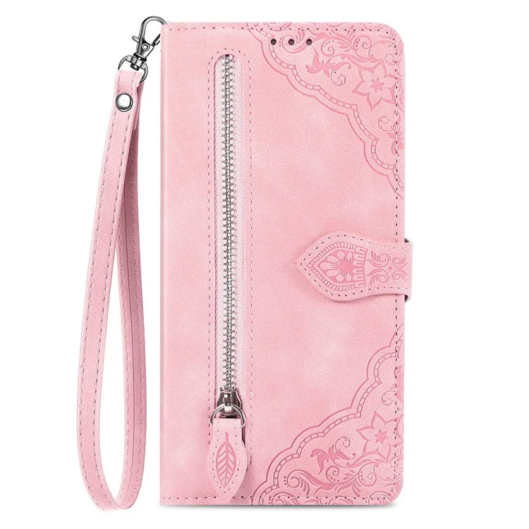 For Honor X40 5G / Magic5 Lite 5G / X9a 5G Zipper Wallet Case with Strap Flower Imprint PU Leather Phone Cover - Pink