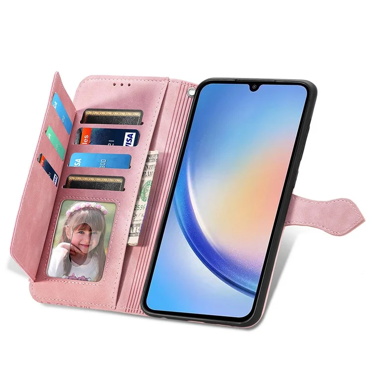 For Samsung Galaxy A55 5G Zipper Wallet Case with Strap Flower Imprint PU Leather Phone Cover - Pink