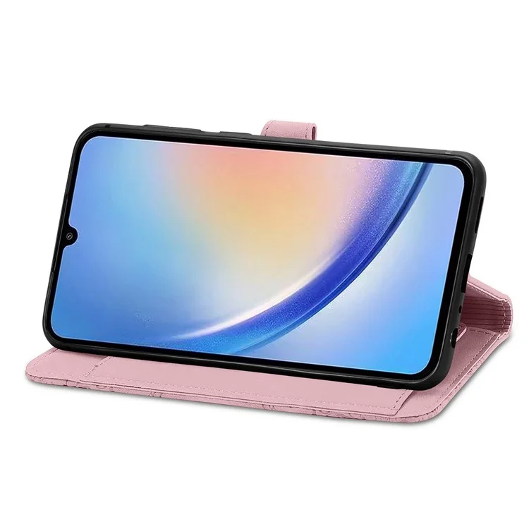 For Samsung Galaxy A55 5G Zipper Wallet Case with Strap Flower Imprint PU Leather Phone Cover - Pink