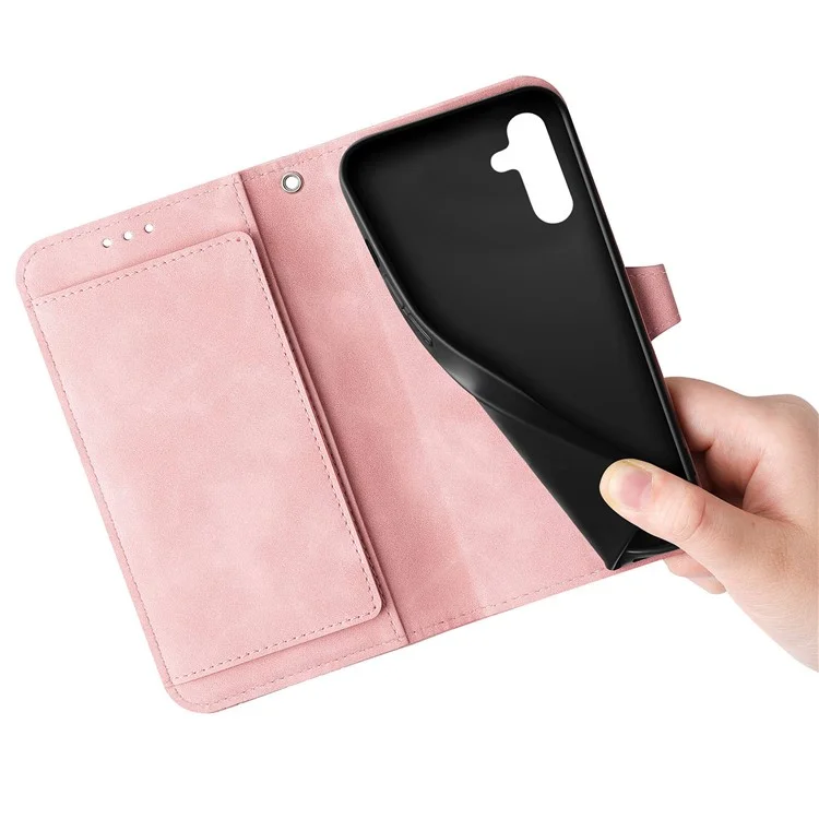 For Samsung Galaxy A55 5G Zipper Wallet Case with Strap Flower Imprint PU Leather Phone Cover - Pink