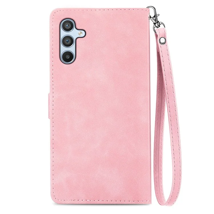 For Samsung Galaxy A55 5G Zipper Wallet Case with Strap Flower Imprint PU Leather Phone Cover - Pink