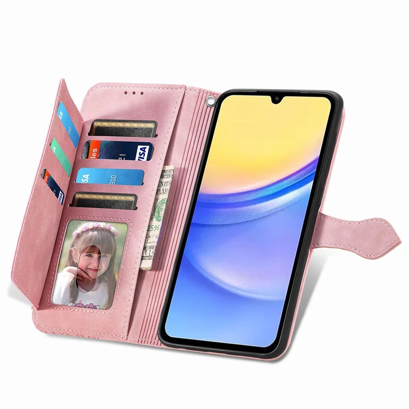 For Samsung Galaxy A15 4G / 5G Zipper Wallet Case with Strap Flower Imprint PU Leather Phone Cover - Pink