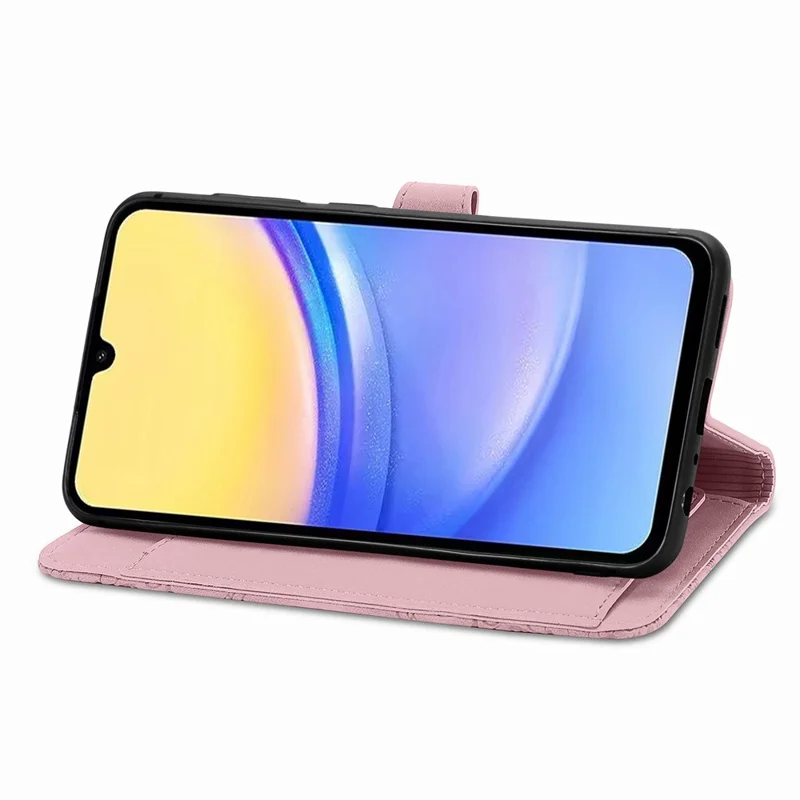 For Samsung Galaxy A15 4G / 5G Zipper Wallet Case with Strap Flower Imprint PU Leather Phone Cover - Pink