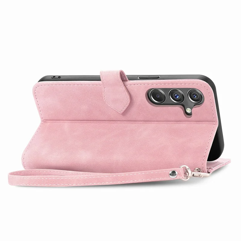 For Samsung Galaxy A15 4G / 5G Zipper Wallet Case with Strap Flower Imprint PU Leather Phone Cover - Pink