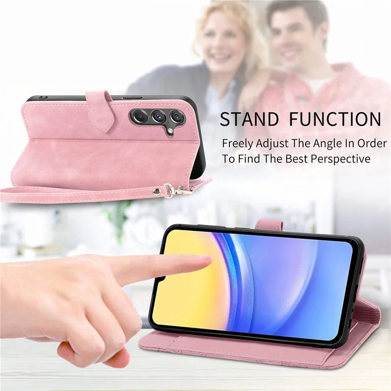 For Samsung Galaxy A15 4G / 5G Zipper Wallet Case with Strap Flower Imprint PU Leather Phone Cover - Pink
