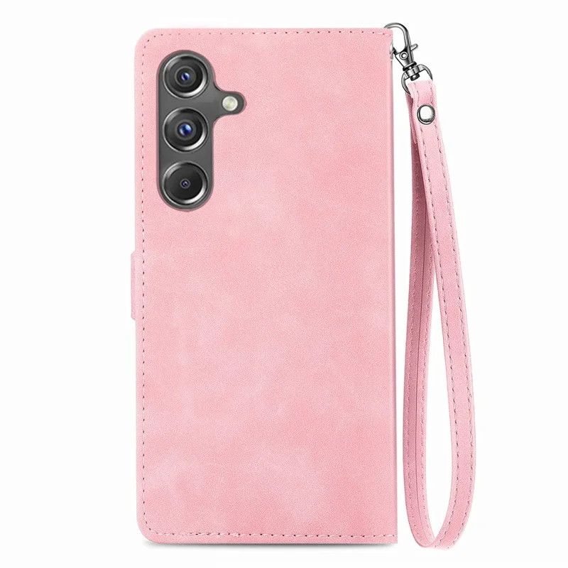 For Samsung Galaxy A15 4G / 5G Zipper Wallet Case with Strap Flower Imprint PU Leather Phone Cover - Pink