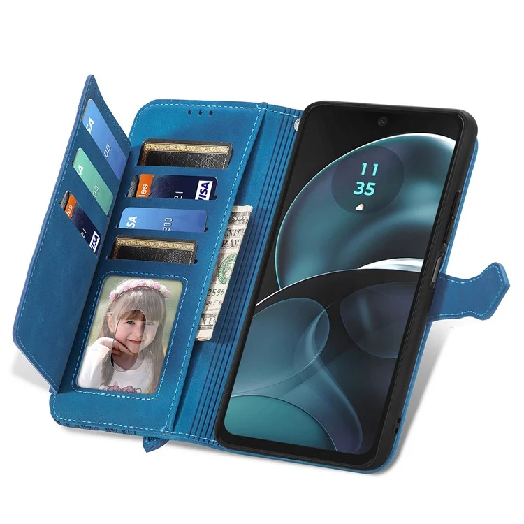 Для Motorola Moto G14 4G Чехол с цветочным рисунком Противоударный кожаный флип-чехол для телефона - Синий