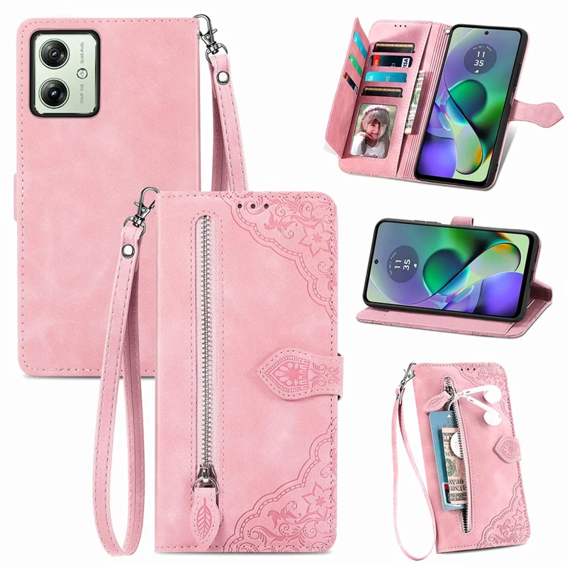 For Motorola Moto G54 5G Zipper Wallet Case with Strap Flower Imprint PU Leather Phone Cover - Pink