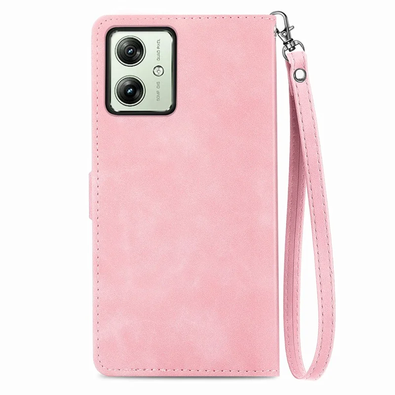 For Motorola Moto G54 5G Zipper Wallet Case with Strap Flower Imprint PU Leather Phone Cover - Pink