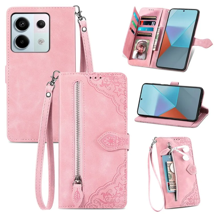 Para Xiaomi Redmi Note 13 Pro 5G / Poco X6 5G Funda Flor Impresa Cuero Protección Corporal Completa Funda Teléfono - Rosa