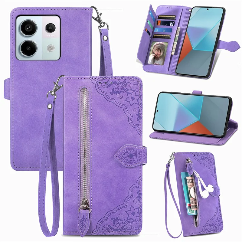 For Xiaomi Redmi Note 13 Pro 5G / Poco X6 5G Zipper Wallet Case with Strap Flower Imprint PU Leather Phone Cover - Light Purple