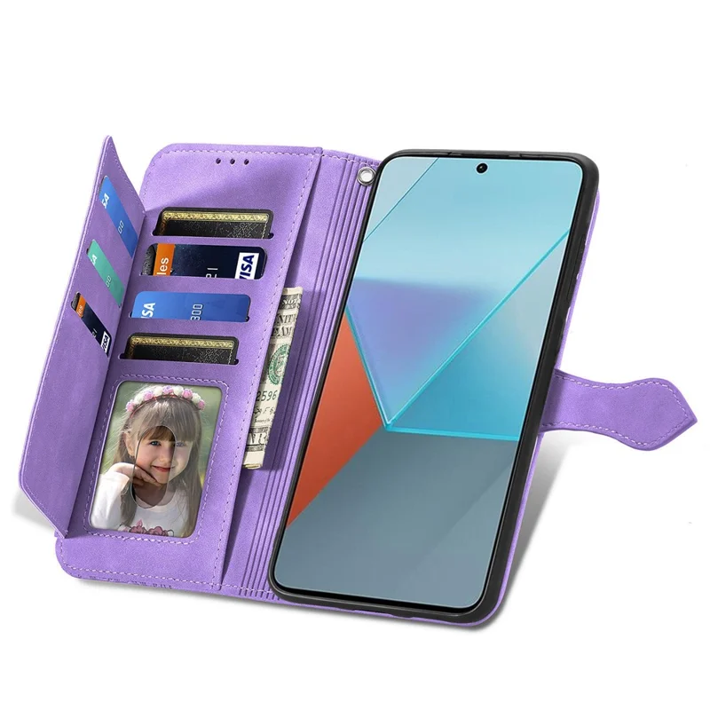 For Xiaomi Redmi Note 13 Pro 5G / Poco X6 5G Zipper Wallet Case with Strap Flower Imprint PU Leather Phone Cover - Light Purple