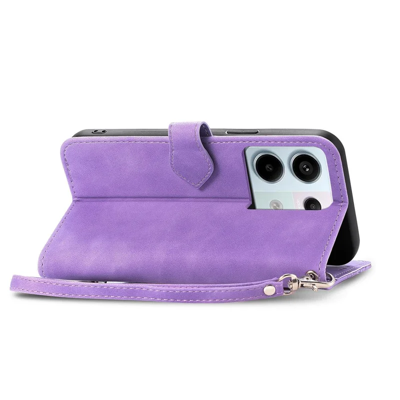 For Xiaomi Redmi Note 13 Pro 5G / Poco X6 5G Zipper Wallet Case with Strap Flower Imprint PU Leather Phone Cover - Light Purple