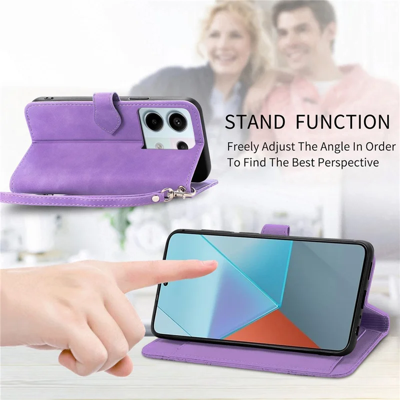 For Xiaomi Redmi Note 13 Pro 5G / Poco X6 5G Zipper Wallet Case with Strap Flower Imprint PU Leather Phone Cover - Light Purple
