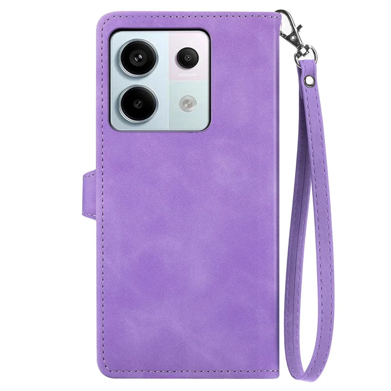 For Xiaomi Redmi Note 13 Pro 5G / Poco X6 5G Zipper Wallet Case with Strap Flower Imprint PU Leather Phone Cover - Light Purple