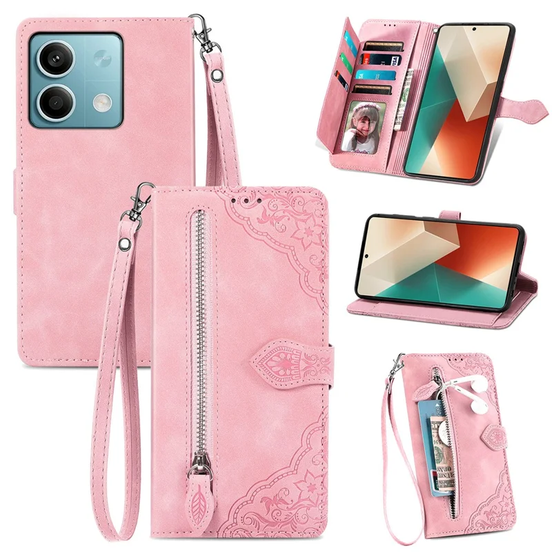 For Xiaomi Redmi Note 13 4G Zipper Wallet Case with Strap Flower Imprint PU Leather Phone Cover - Pink