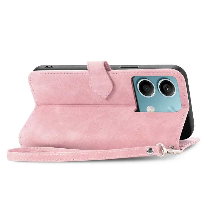For Xiaomi Redmi Note 13 4G Zipper Wallet Case with Strap Flower Imprint PU Leather Phone Cover - Pink