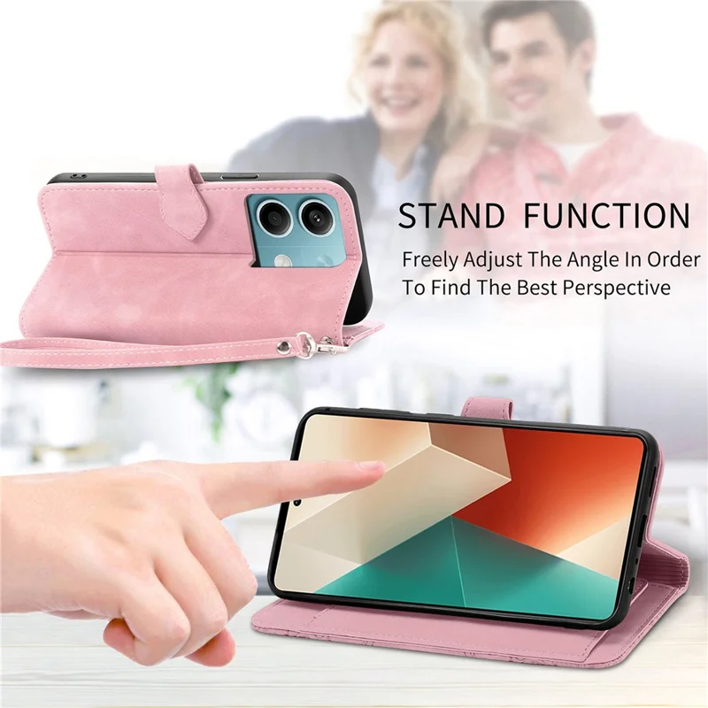 For Xiaomi Redmi Note 13 4G Zipper Wallet Case with Strap Flower Imprint PU Leather Phone Cover - Pink