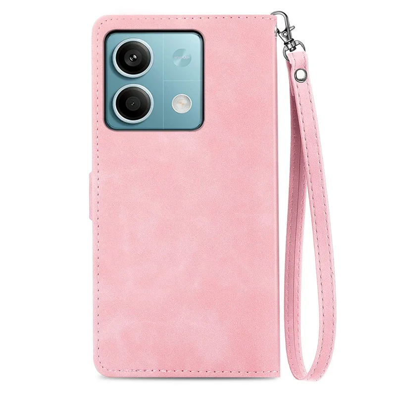 For Xiaomi Redmi Note 13 4G Zipper Wallet Case with Strap Flower Imprint PU Leather Phone Cover - Pink
