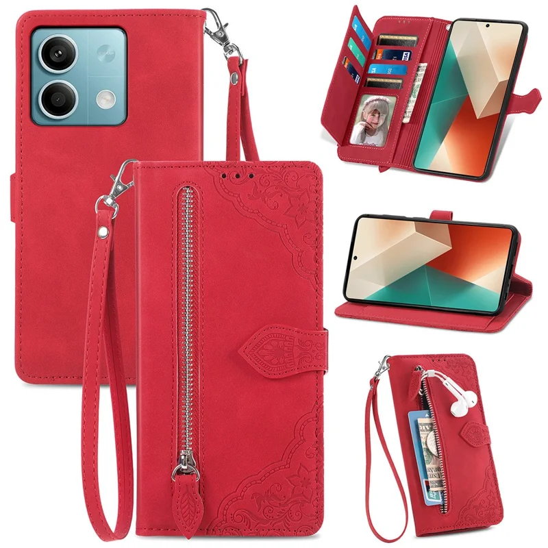 For Xiaomi Redmi Note 13 4G Zipper Wallet Case with Strap Flower Imprint PU Leather Phone Cover - Red