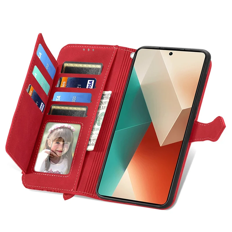 For Xiaomi Redmi Note 13 4G Zipper Wallet Case with Strap Flower Imprint PU Leather Phone Cover - Red