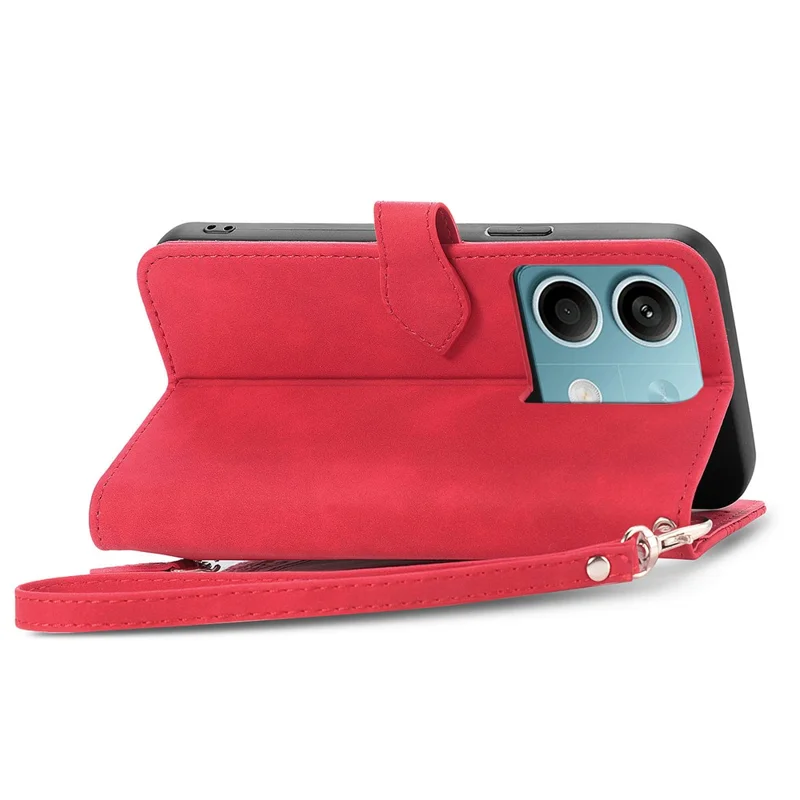 For Xiaomi Redmi Note 13 4G Zipper Wallet Case with Strap Flower Imprint PU Leather Phone Cover - Red