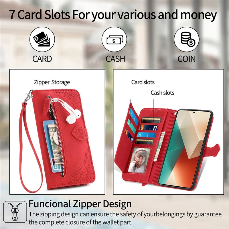 For Xiaomi Redmi Note 13 4G Zipper Wallet Case with Strap Flower Imprint PU Leather Phone Cover - Red