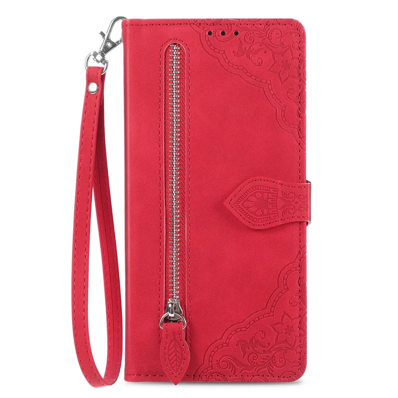 For Xiaomi Redmi Note 13 4G Zipper Wallet Case with Strap Flower Imprint PU Leather Phone Cover - Red
