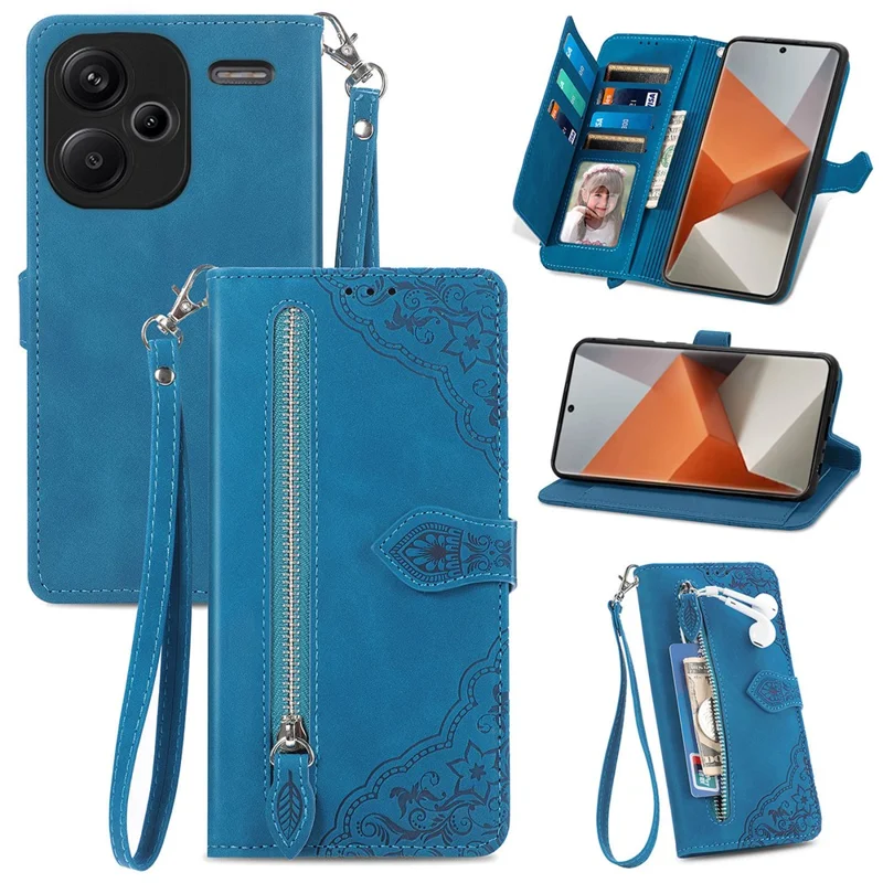 For Xiaomi Redmi Note 13 Pro+ 5G Zipper Wallet Case with Strap Flower Imprint PU Leather Phone Cover - Blue