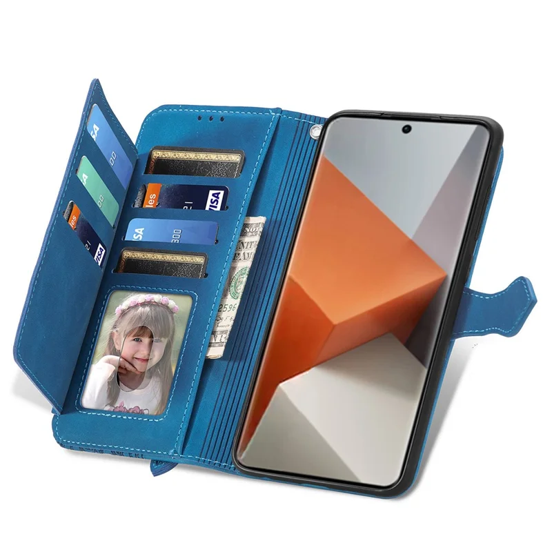 For Xiaomi Redmi Note 13 Pro+ 5G Zipper Wallet Case with Strap Flower Imprint PU Leather Phone Cover - Blue