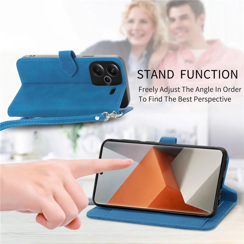 For Xiaomi Redmi Note 13 Pro+ 5G Zipper Wallet Case with Strap Flower Imprint PU Leather Phone Cover - Blue