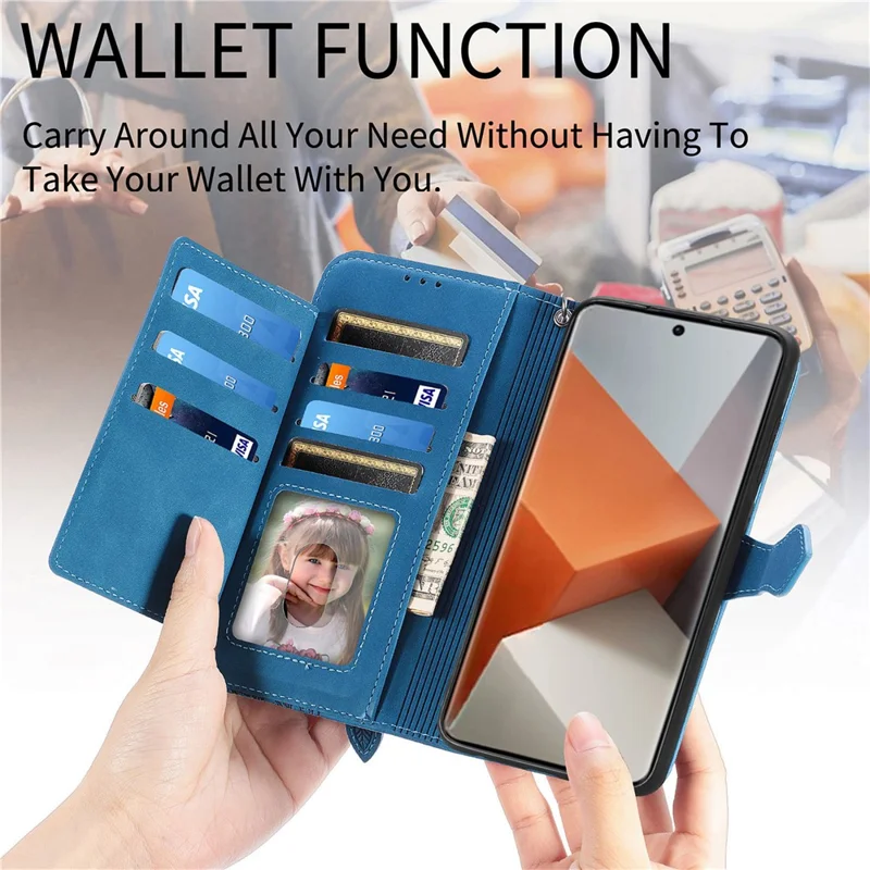 For Xiaomi Redmi Note 13 Pro+ 5G Zipper Wallet Case with Strap Flower Imprint PU Leather Phone Cover - Blue