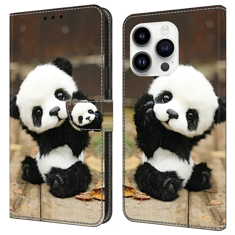 For iPhone 14 Pro Case Pattern PU Leather Flip Phone Cover Wallet - Panda
