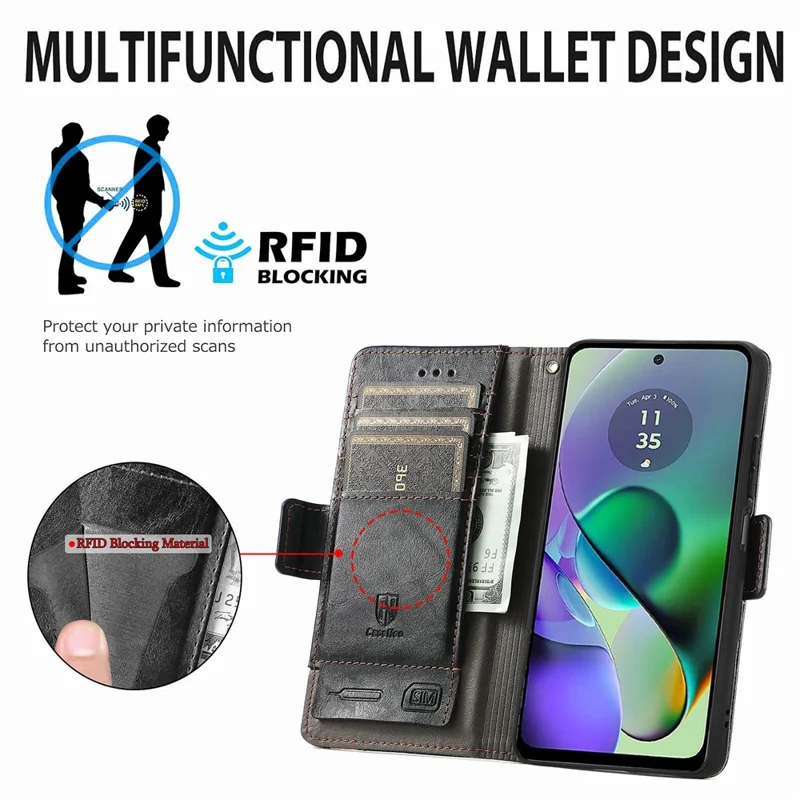 For Motorola Moto G54 5G Phone Cases CASENEO PU Leather Cover Stand with RFID Blocking Wallet - Black