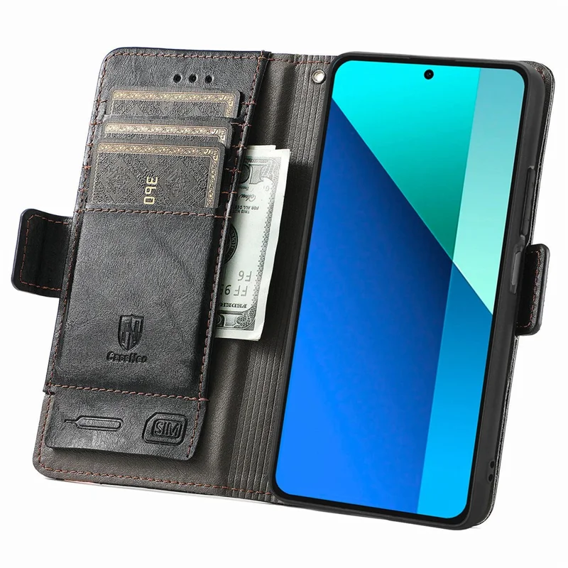 CASENEO 002 Série Pour Xiaomi Redmi Note 13 4G Étui en Cuir PU Étui Portefeuille Antibloquage RFID Housse de Téléphone - Noir