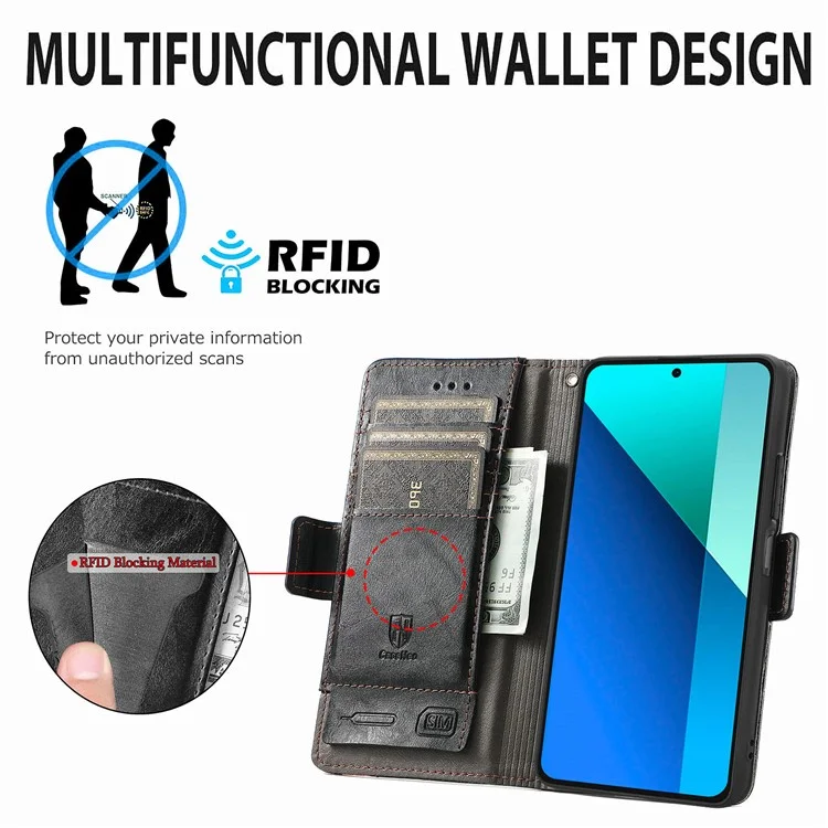CASENEO 002 Série Pour Xiaomi Redmi Note 13 4G Étui en Cuir PU Étui Portefeuille Antibloquage RFID Housse de Téléphone - Noir