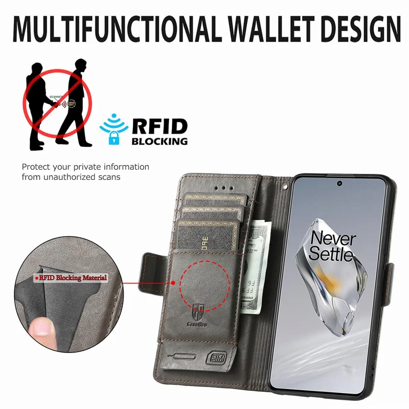 CASENEO 002 Series Per OnePlus 12 5G Custodia Stand Flip PU Pelle Blocco RFID Custodia Telefono - Grigio
