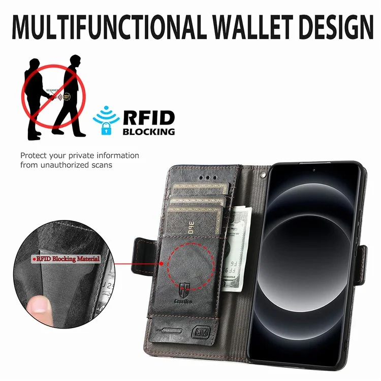 For Xiaomi 14 Ultra Phone Cases CASENEO PU Leather Cover Stand with RFID Blocking Wallet - Black